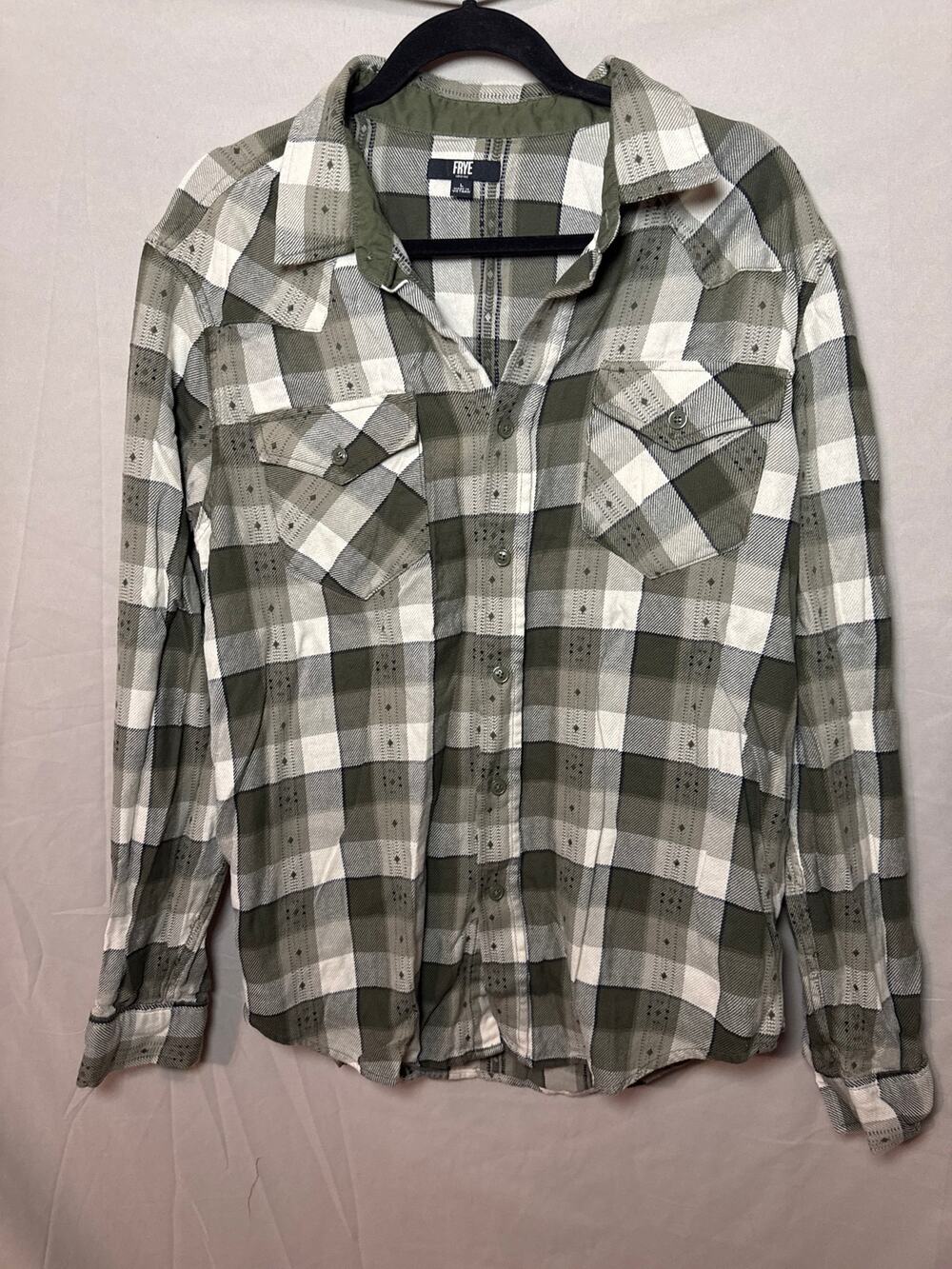 Frye Jacquard Flannel Shirt Men's Size Large Green White Plaid